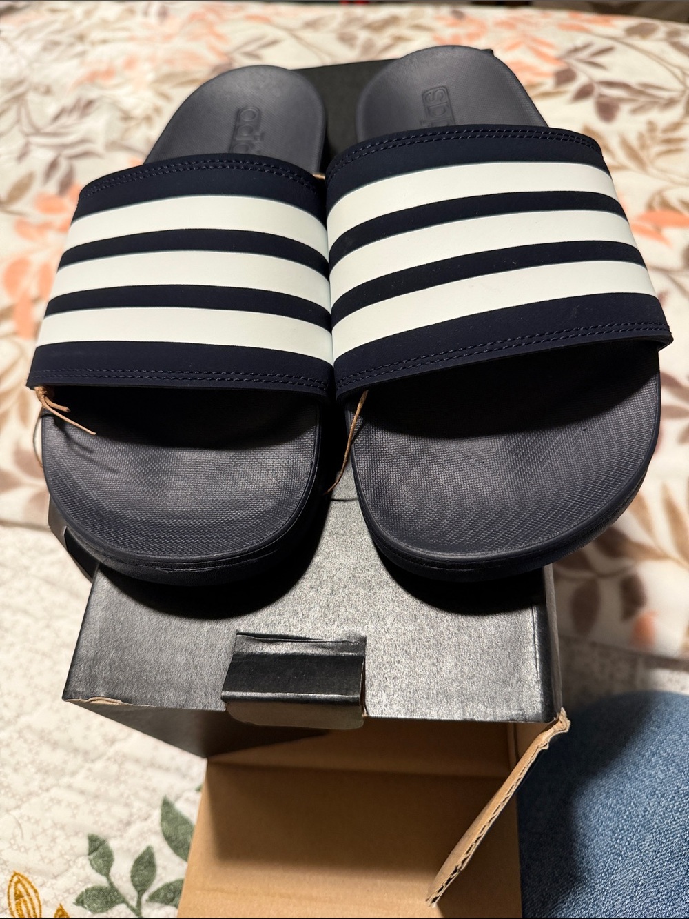 adidas Navy and White Striped Slide Sandals
